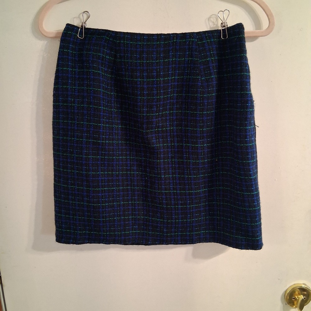 Vtg 80s  Vapor Wave Black Neon Green Electric‎ Blue Grid Plaid Skirt 9 EUC